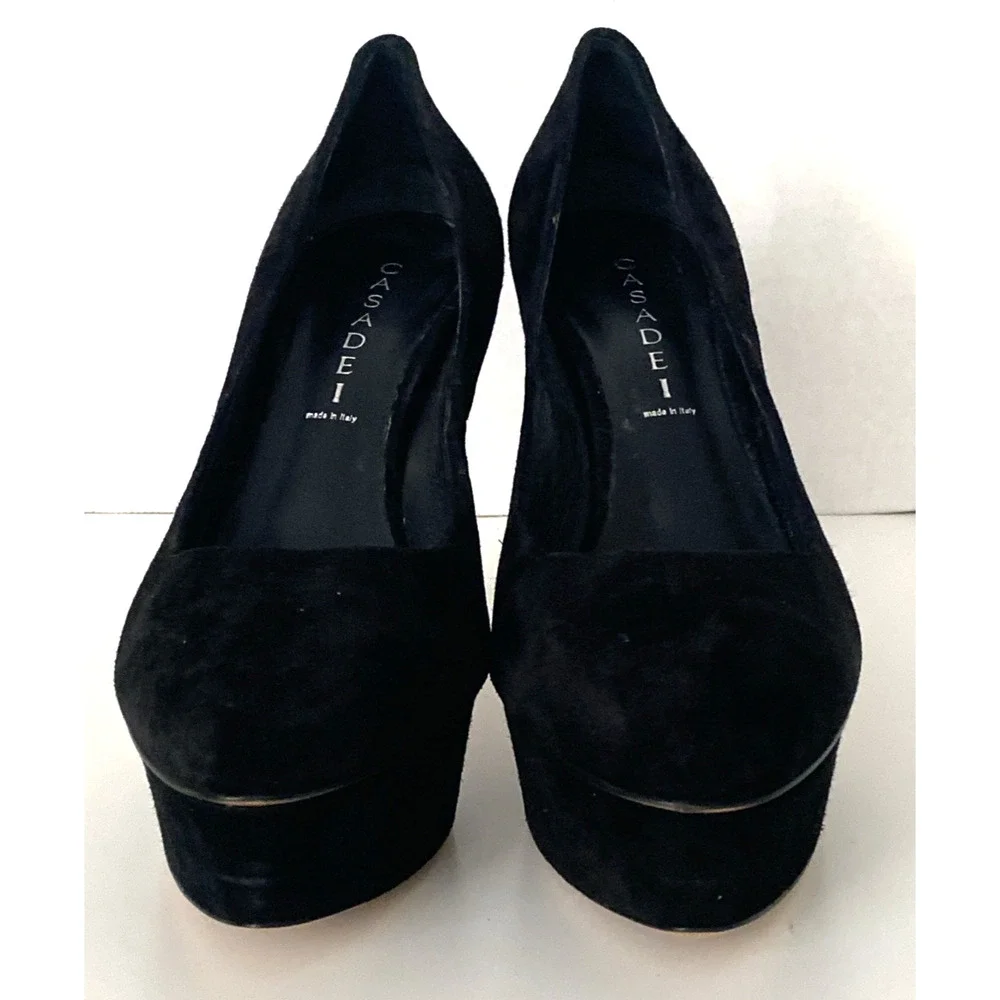 Casadei Flora Pump Black Suede Platform Almond Toe Slim Stiletto Heel 9.5 - Picture 9 of 11